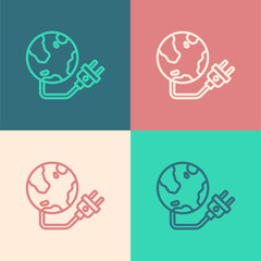 Pop art line Global energy power planet with plug icon isolated on color background. Ecology concept and environmental. Vector