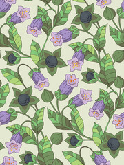 Seamless floral pattern with belladonna. Old fashioned poison plant print. Small purple flowers, dark berries, leaves are attached to a continuous vine. Botanical vector illustration.