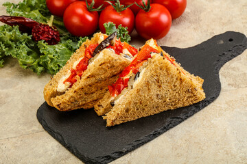 Club sandwich with eggplant and cheese