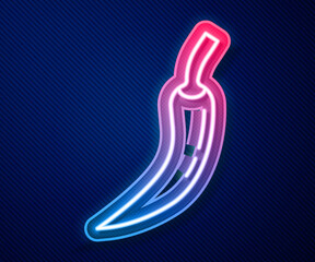 Glowing neon line Hot chili pepper pod icon isolated on blue background. Design for grocery, culinary products, seasoning and spice package, cooking book. Vector