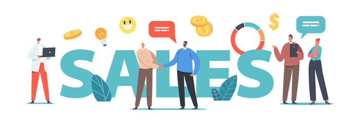 Sales Concept. Businesspeople Male and Female Characters Shaking Hands, Discuss Working Issues, Working on Marketing