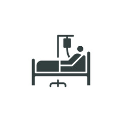 Patient bed icon. Medical treatment. Person in hospital bed. Man having infusion and lying on stretcher bed for recovery. solid style. Vector illustration. Design on white background. EPS 10 