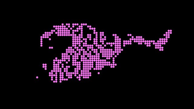 Akron. Animated motion text. Transparent Alpha channel. 4K video. Isolated Letters from Purple pixels. US city Akron for title, social media, tourism, travel blog, advertising, geography, 4K TV shows.
