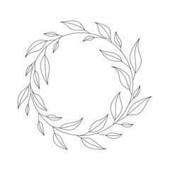 Botanical illustration. Flower wreath from leaves. Black and white composition. Sketch hand drawing of a flower, linear art on a white background. Vector illustration