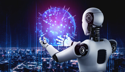 AI humanoid robot holding hologram screen shows concept of global communication network using artificial intelligence thinking by machine learning process. 3D illustration computer graphic.