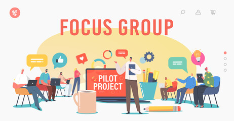 Focus Group Landing Page Template. Director and Employees Meet. Tiny Businesspeople around Huge Laptop Discuss Project