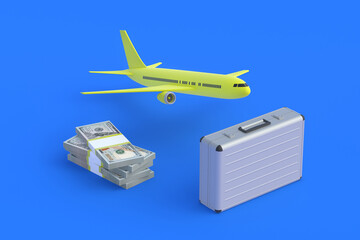 Suitcase near money and airplane. Luxury tourist travel. An expensive vacation. Investing, reinvesting in airlines. Charter flights. Cargo transportation by aviation. 3d render