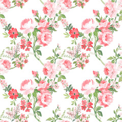 Beautiful vector seamless pattern with hand drawn watercolor summer pink gentle flowers. Stock floral illustration.