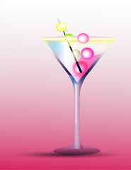 Glass with cocktail. Vector illustration of martini glass. Cocktail with cherry