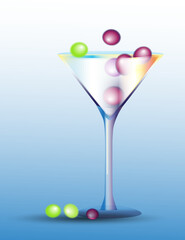 Martini glass with cocktail. Vector illustration of martini glass and grapes 