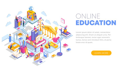 Fototapeta na wymiar Modern flat design isometric concept of Online Education. Landing page template. Training courses, specialization, tutorials, lectures. Can use for web banner, infographics, and website. Vector illust