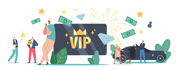 VIP Card, Celebrity Lifestyle. Luxury Characters with Gold Cards Get Premium Service, Limousine, Waiter Carry Star