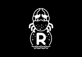 White black crab line art with R initial letter