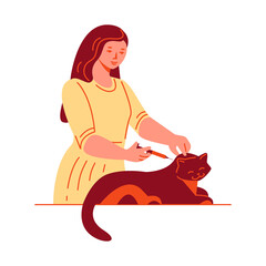 A young woman gives an injection to a cat. Pet care treatment. Vector illustration in flat cartoon style.