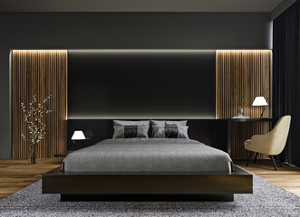 Modern interior design of dark black luxurious bedroom with wood slat wall and accent lighting, mock-up, 3d rendering - obrazy, fototapety, plakaty