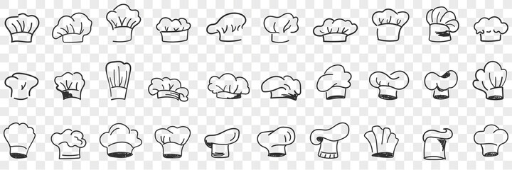 Cooks cap headdress doodle set. Collection of hand drawn various styles and shapes of hats for cook in restaurant for wearing on head personal accessories in rows isolated on transparent background 