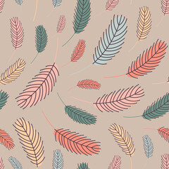 Fototapeta premium Feathers seamless pattern. Pattern with feathers. Vector flat illustration. Design for textiles, packaging, wrappers, greeting cards, paper, printing.