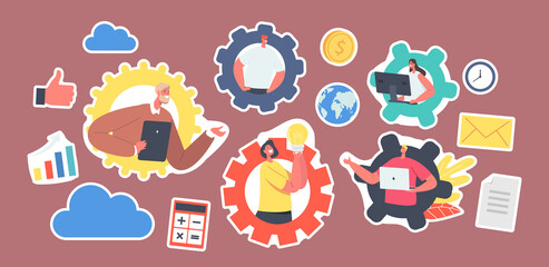Set of Stickers Business Characters Remote Team Working. Webcam Group Conference with Coworkers via Computer or Device