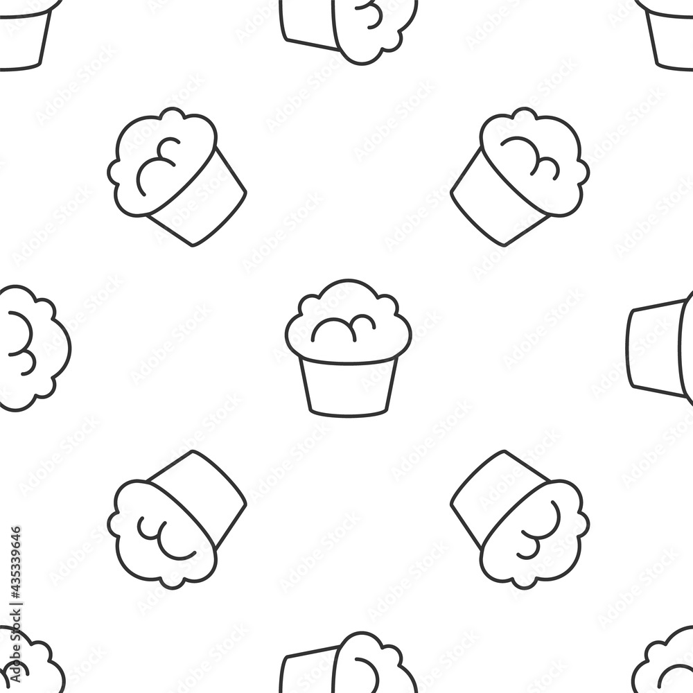 Poster grey line muffin icon isolated seamless pattern on white background. vector