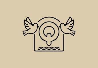 Black line art of birds with Q initial letter