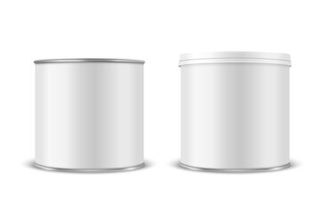 Vector 3d Realistic Blank White Metal Tin Can, Canned Food, Potato Chips Packaging With Lid Set Isolated On White Background. Small Size. Design Template, Mockup. Front View
