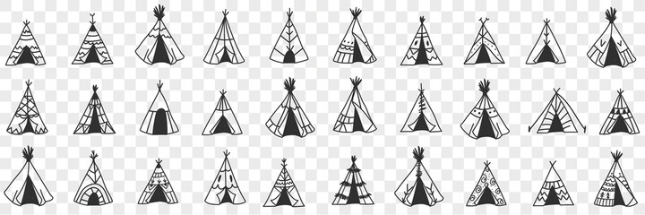 American ethnic wigwam doodle set. Collection of hand drawn various types and styles of traditional indian american wigwam house in rows isolated on transparent background  © drawlab19