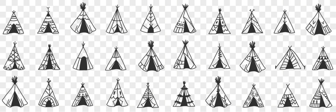 American ethnic wigwam doodle set. Collection of hand drawn various types and styles of traditional indian american wigwam house in rows isolated on transparent background 