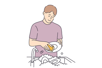 Washing dishes and housework concept. Young smiling man cartoon character standing washing dishes with special soap and brush over white background vector illustration 