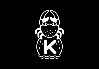 White black crab line art with K initial letter