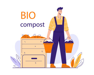Composting organic waste concept. A man carries in buckets ready-made compost for organic farming. Vector illustration in flat cartoon style.