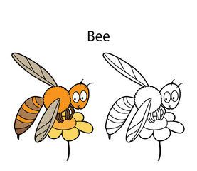 Funny cute insect bee isolated on white background. Linear, contour, black and white and colored version. Illustration can be used for coloring book and pictures for children