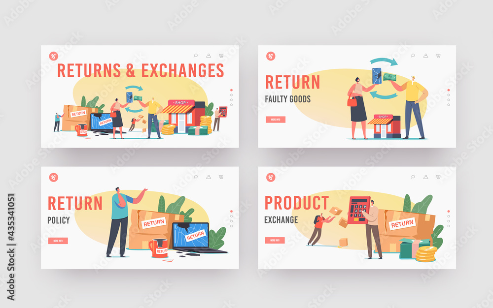 Poster return and exchange landing page template set. characters dissatisfied with damaged things delivery,