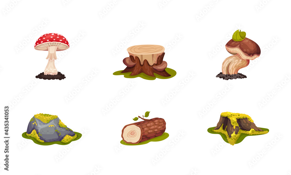 Poster forest elements with mossy stump, mushrooms and log vector set