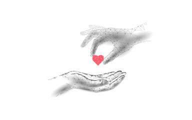 Fundraising giving heart symbol money hand. Charity volunteer giving donate social project. Finance funding dark low poly vector illustration - obrazy, fototapety, plakaty