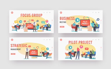 Focus Group Landing Page Template Set. Director and Employees Meeting. Businesspeople Discuss Pilot Start Up Project