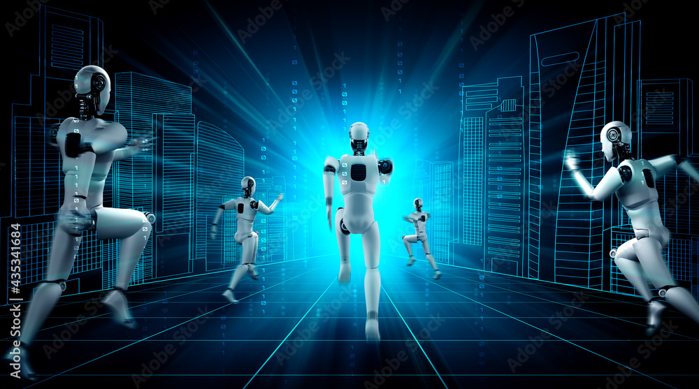 Aufkleber running robot humanoid showing fast movement and vital energy in concept of future innovation develo