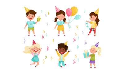 Kid Characters in Birthday Hat at Party Holding Gift Box and Balloons Vector Illustration Set