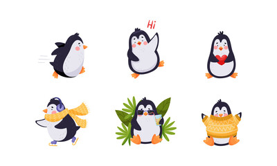 Cute Penguin Greeting, Ice Skating, Running and Drinking Cocktail Vector Illustration Set