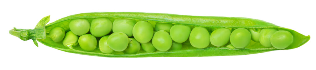 Green beans isolated on a white background. Fresh pea pods. Top view. Flat lay