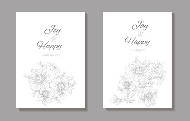 a set of old background, a postcard, a banner with an inscription under the text. hand-drawn branches, Orchid flowers in a minimalist style. background for holidays, invitations. vintage style.