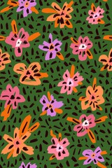 Botanical Seamless pattern with abstract flowers. Pastel colors, naive style. Fashionable floral design. Children's design. Hand drawing. Background for textile, paper and other print and web project - 435342044