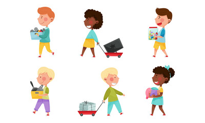 Boy and Girl Characters Carrying Sorted Garbage for Recycling Vector Illustration Set