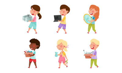 Boy and Girl Characters Carrying Sorted Garbage for Recycling Vector Illustration Set