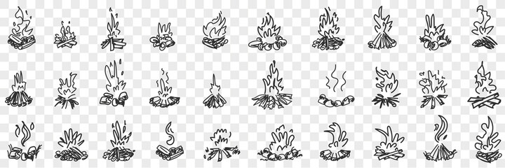 Burning fire flame doodle set. Collection of hand drawn various burning natural flame bonfire in rows isolated on transparent background 