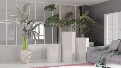 3d rendering of a sunny interior room with stained glass windows and plants in the background with podium for product display.