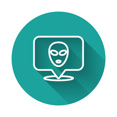 White line Alien icon isolated with long shadow background. Extraterrestrial alien face or head symbol. Green circle button. Vector