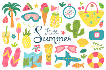 Summer beach set of elements with hand lettering on a white background. Recreation, tourism. Vector images in a flat style
