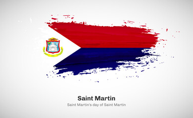 Creative happy national day of Saint Martin country with grungy watercolor country flag background