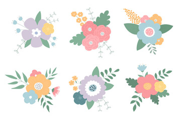Fototapeta na wymiar A set of flower bouquets. Vector illustration. Suitable for greeting cards, wedding invitations, party invitations, logos, business cards.