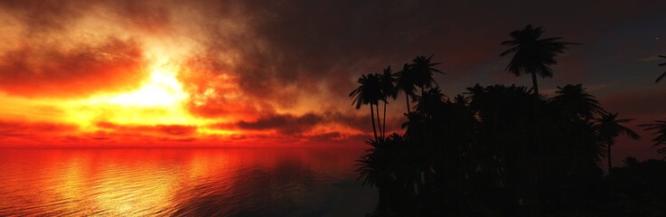 Naklejka na ściany i meble Sea at sunset, palm trees at sunset, silhouettes of palm trees, seascape, 3D rendering